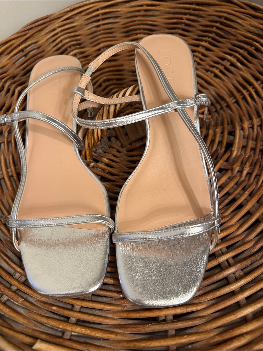 LOFT Metallic Silver Strappy Square-Toe Sandals